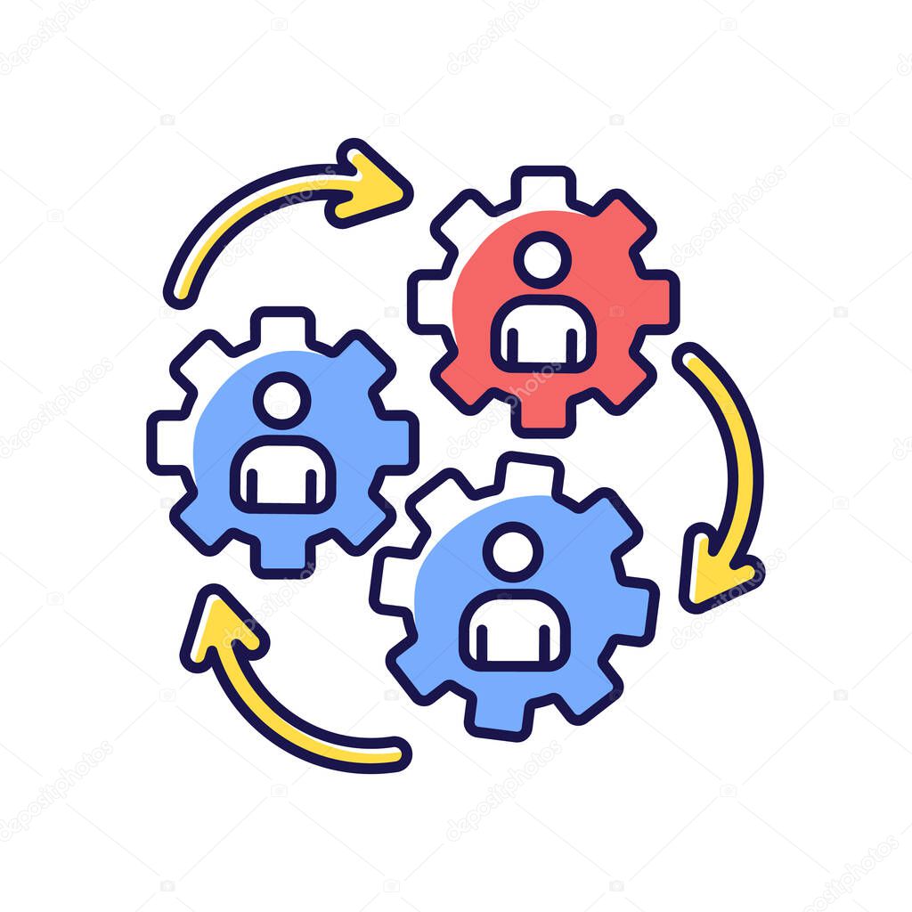 Human synergy RGB color icon. Corporate workforce. Collaboration of company employee. Business cooperation. Develop organization. Communication of group members. Isolated vector illustration