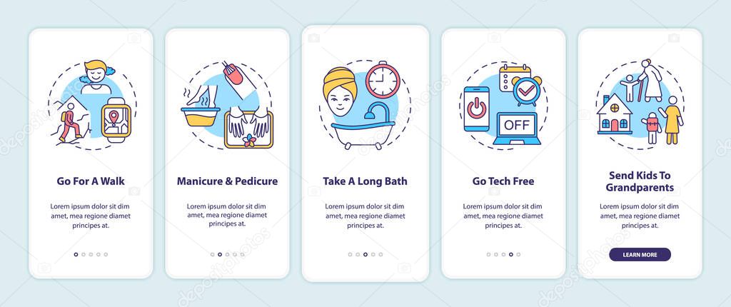Me time ideas onboarding mobile app page screen with concepts. Go for a walk. Take long bath walkthrough 5 steps graphic instructions. UI vector template with RGB color illustrations