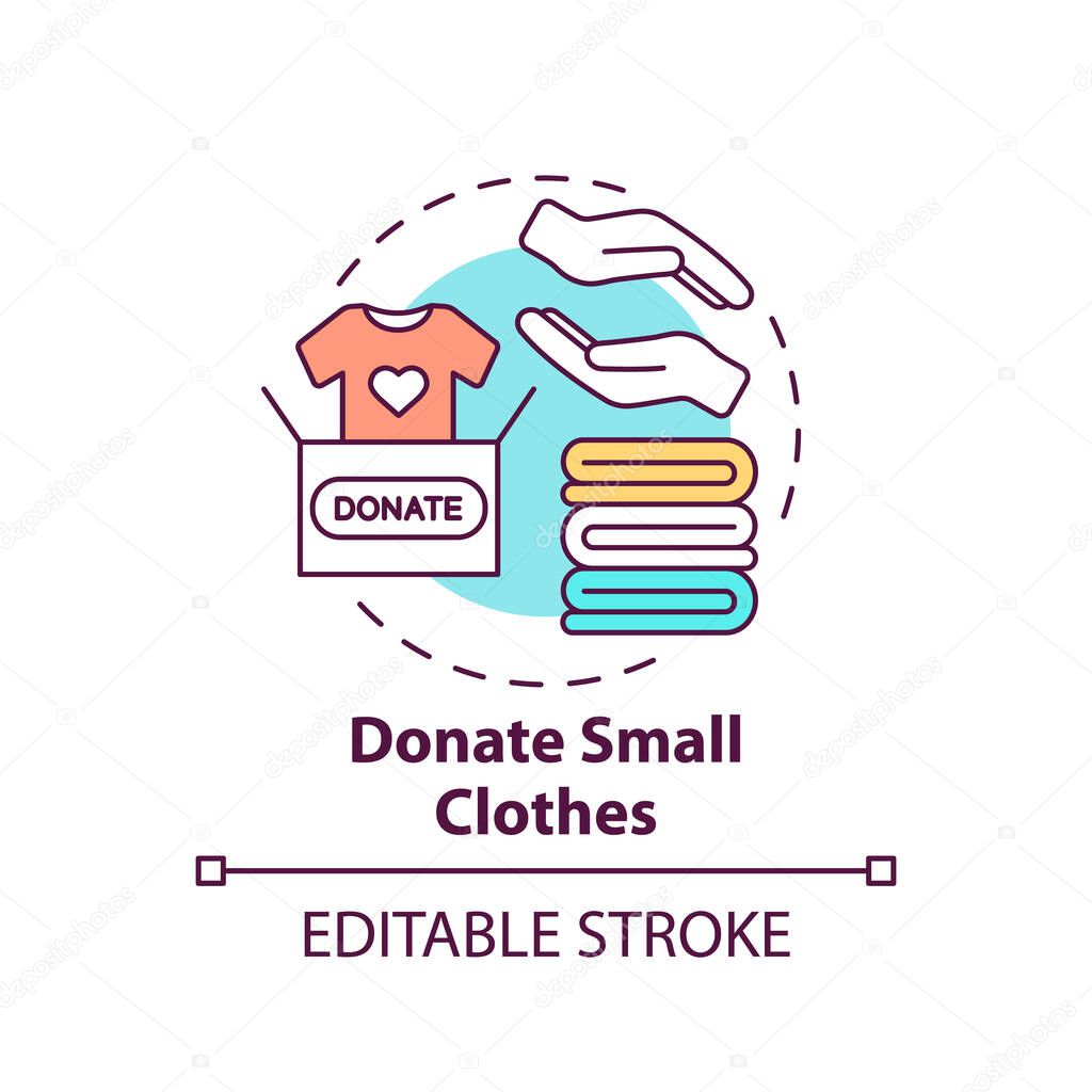 Donate small clothes concept icon. Body positivity tips. Giveaway old things. Helping other people idea thin line illustration. Vector isolated outline RGB color drawing. Editable stroke