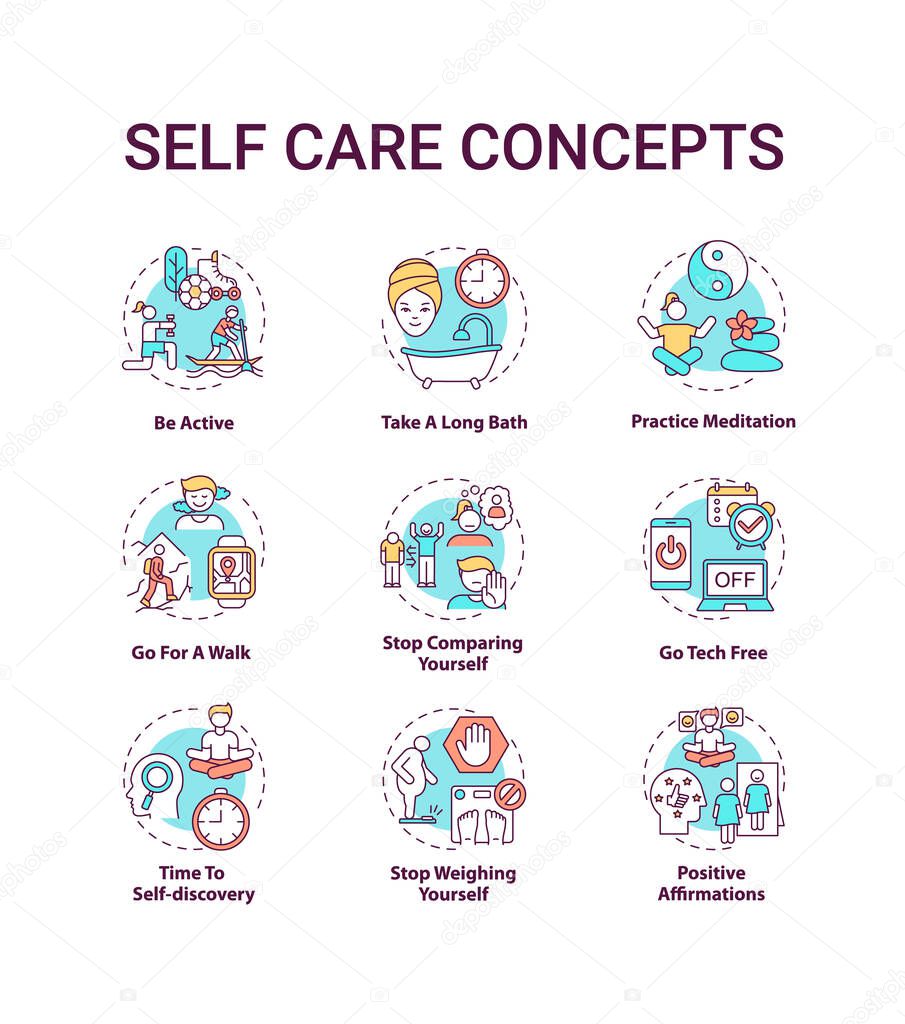 Self care concept icons set. Self care checklist. Self care practices. Body positivity tips idea thin line RGB color illustrations. Vector isolated outline drawings. Editable stroke