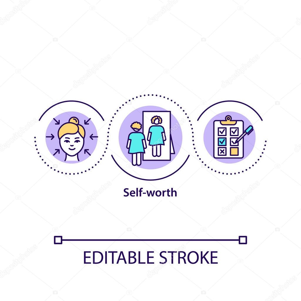Self worth concept icon. Care yourself. Love and acceptance oneself. Well-being. Internal state of being idea thin line illustration. Vector isolated outline RGB color drawing.