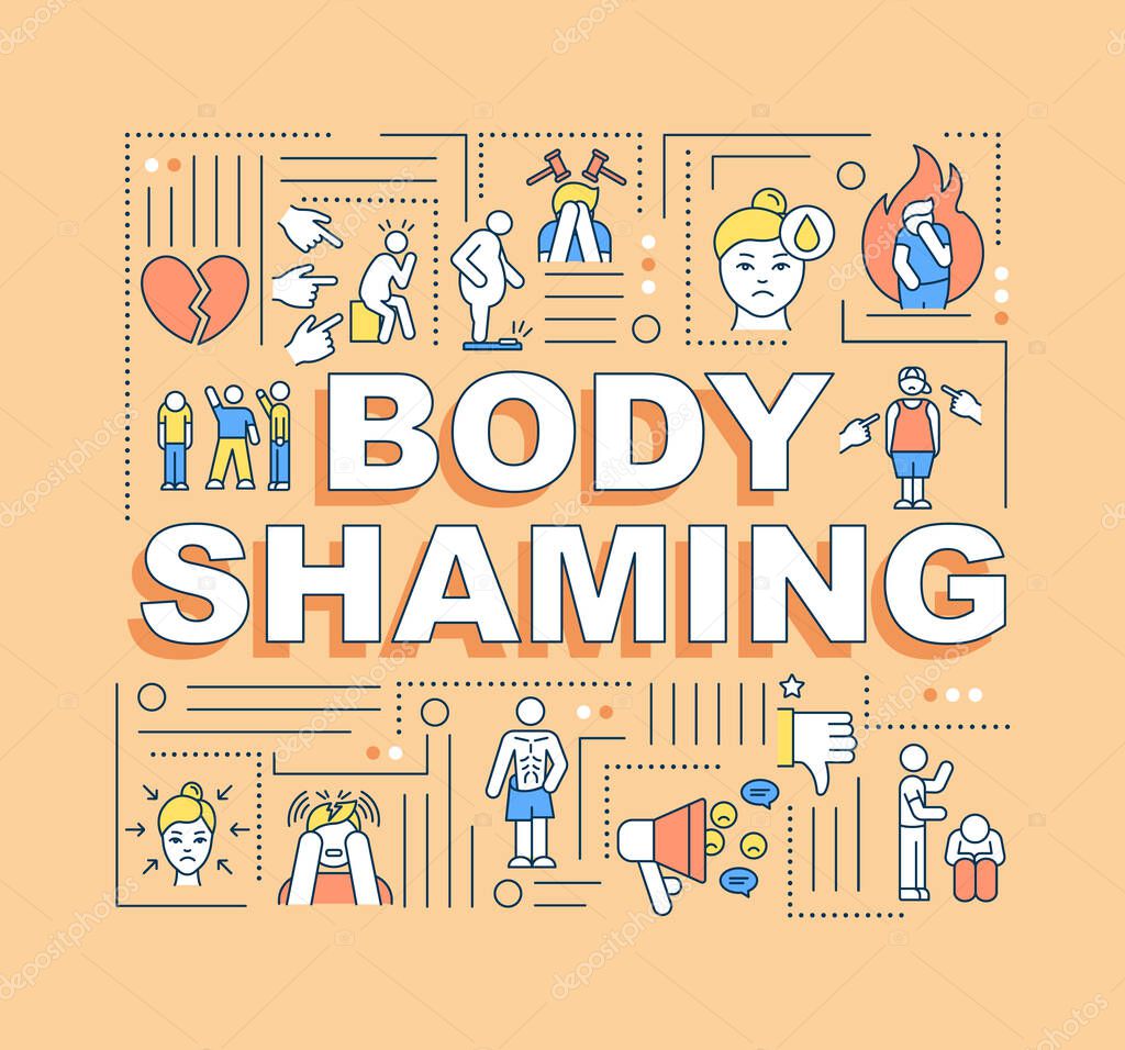 Body shaming word concepts banner. Criticism physical appearance. Discrimination. Infographics with linear icons on orange background. Isolated typography. Vector outline RGB color illustration