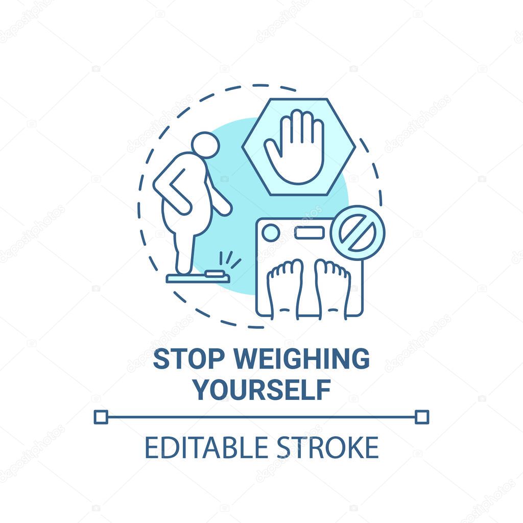 Stop weighing yourself concept icon. Body positivity tips. Smash your scales. Weight tracking journal idea thin line illustration. Vector isolated outline RGB color drawing. Editable stroke