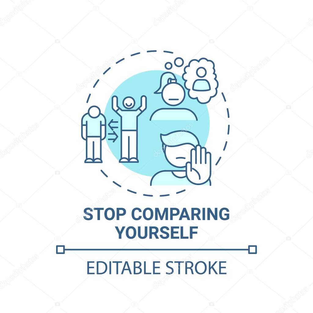 Stop comparing yourself concept icon. Body positivity tips. Loving yourself everyday. Unique people look idea thin line illustration. Vector isolated outline RGB color drawing. Editable stroke