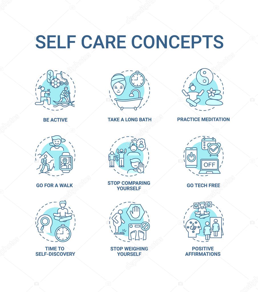 Self care concept icons set. Self care checklist. Self care tutorials. Body health improvement tips idea thin line RGB color illustrations. Vector isolated outline drawings. Editable stroke