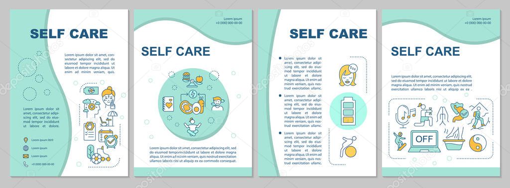 Self care practice brochure template. Balanced lifestyle. Wellbeing. Flyer, booklet, leaflet print, cover design with linear icons. Vector layouts for magazines, annual reports, advertising posters