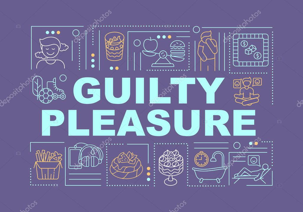 Guilty pleasure word concepts banner. Human passion. Feeling of guilt. Infographics with linear icons on purple background. Isolated typography. Vector outline RGB color illustration