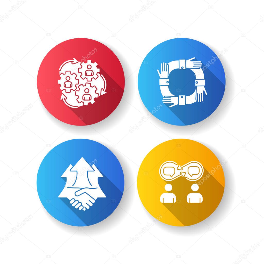 Cooperation flat design long shadow glyph icons set. Human synergy. Partnership for corporate project. Positive effect. Increase from deal. Workforce relation. Silhouette RGB color illustration