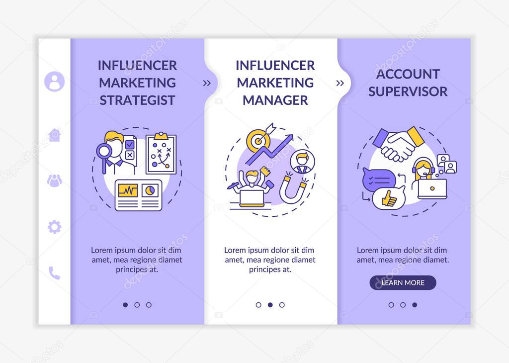 Influencer marketing occupation onboarding vector template. Strategist. Account supervisor. Responsive mobile website with icons. Webpage walkthrough step screens. RGB color concept