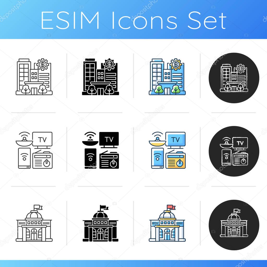Critical services icons set. Banks and financial institutions. Electronic devices. Government. Political power. Business operations. Linear, black and RGB color styles. Isolated vector illustrations