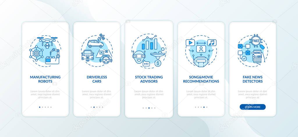AI application 2 onboarding mobile app page screen with concepts. Driverless cars with autopilot