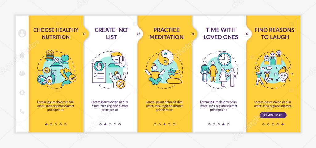 Self care checklist onboarding vector template. Choose healthy nutrition. Create no items list. Responsive mobile website with icons. Webpage walkthrough step screens. RGB color concept