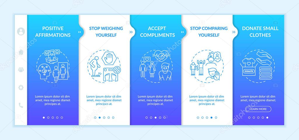 Body positivity tips onboarding vector template. Accept compliments. Stop comparing yourself. Responsive mobile website with icons. Webpage walkthrough step screens. RGB color concept
