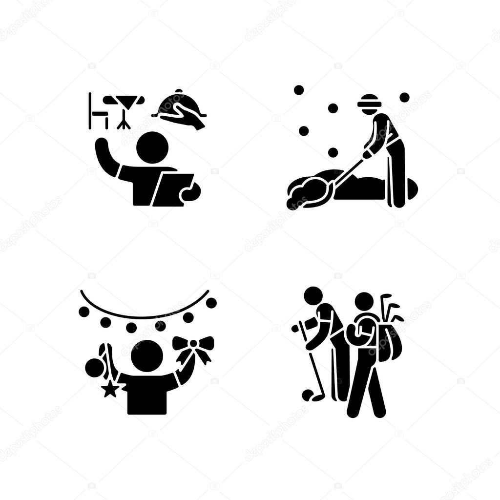 Easy jobs for 16-year-olds black glyph icons set on white space. Restaurant host and hostess. Snow removal job. Holiday decorator. Golf caddy. Silhouette symbols. Vector isolated illustration