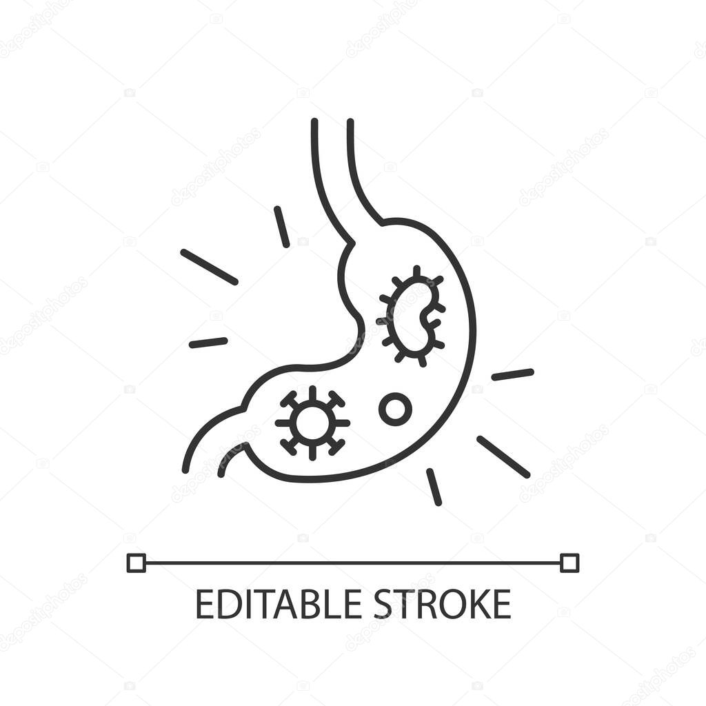 Stomach virus linear icon. Viral gastroenteritis. Intestinal infection. Diarrhea. Gastric flu. Thin line customizable illustration. Contour symbol. Vector isolated outline drawing. Editable stroke