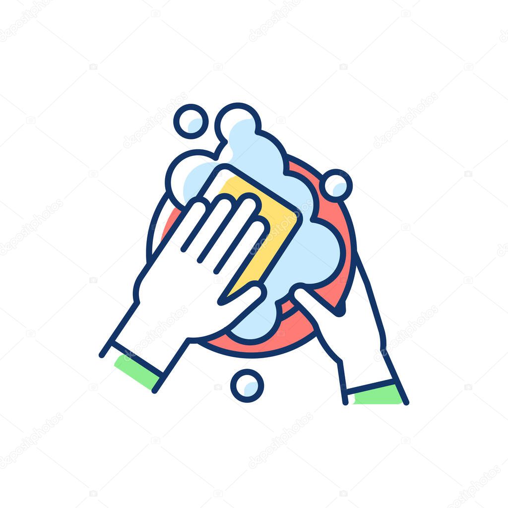 Dishwasher RGB color icon. Ensuring cleanliness and sanitization. Washing dishes and appliances. Kitchen tasks. Job in restaurant. Cleaning kitchen and dining areas. Isolated vector illustration