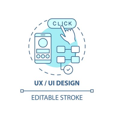 UX ve UI tasarım konsepti simgesi. Yaratıcı düşünürler için bilişim alanında kariyer. Kullanıcılar için kullanması kolay bir web sitesi oluşturma fikri ince çizgi çizimi. Vektör izole edilmiş RGB renk çizimi. Düzenlenebilir vuruş