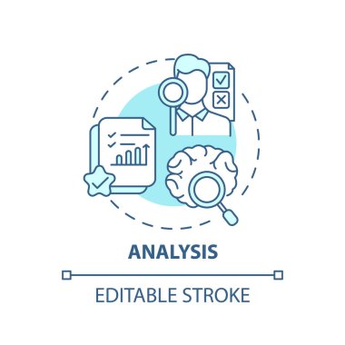 Analiz konsepti simgesi. Yaratıcı düşünen tipler. Gelen veri kontrol ediliyor. Tüm bilgi fikirlerini ince çizgi çizimleri filtreleniyor. Vektör izole edilmiş RGB renk çizimi. Düzenlenebilir vuruş