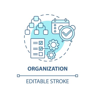 Organizasyon konsepti simgesi. Yaratıcı düşünen tipler. İdari ekip çalışma süreci. İş liderliği fikri ince çizgiler çiziyor. Vektör izole edilmiş RGB renk çizimi. Düzenlenebilir vuruş