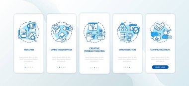 Mobil uygulama sayfasında kavramları olan yaratıcı düşünce tipleri. İnsanların hayal gücü 5 aşamalı grafiksel talimatları gözden geçirir. RGB renk resimleriyle UI vektör şablonu