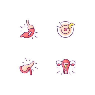 Mide ağrısı RGB renk simgeleri ayarlandı. Dyspepsia. Akut ağrı. Pankreas iltihabı. Adet sancıları. Karnında yanma hissi var. Sindirim bozukluğu. Geniş salgı bezi. Dismenorrhea. İzole vektör çizimleri