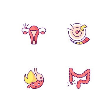Karın iltihabı RGB renk simgeleri ayarlandı. Dış gebelik. Akut ağrı. Mide ekşimesi. Kabızlık işte. Mide enfeksiyonu. Fallop tüpü. Asit reflüsü. Hemoroidler. Hastalık. İzole vektör çizimleri