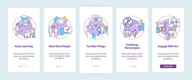 Mobil uygulama sayfası ekranında kavramlarla yaratıcı düşünce ipuçlarını artırmak. 5 aşamalı grafik talimatları öğrenmeye devam et. RGB renk resimleriyle UI vektör şablonu