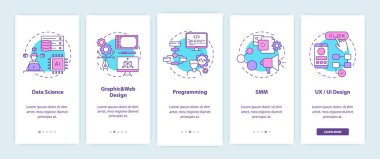 Mobil uygulama sayfası ekranında kavramları olan yaratıcı düşünürler için bilişim alanında iyi bir kariyer. Veri bilimi yaratımı 5 aşamalı grafik talimatları gözden geçiriyor. RGB renk resimleriyle UI vektör şablonu