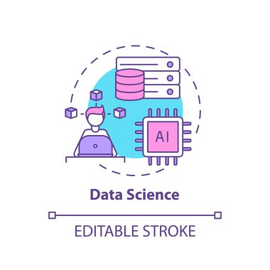 Veri bilimi konsepti ikonu. Yaratıcı düşünenler için bilişim alanında üst düzey bir kariyer. Gelecekteki siber uzay mühendisliği fikri ince çizgi çizimi. Vektör izole edilmiş RGB renk çizimi. Düzenlenebilir vuruş