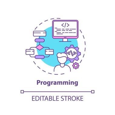 Programlama konsepti simgesi. Yaratıcı düşünürler için bilişim alanında kariyer. Yazılım geliştirme işi. Yenilikçi uygulamaları kodlamak ince çizgi çizimi fikri. Vektör izole edilmiş RGB renk çizimi. Düzenlenebilir vuruş