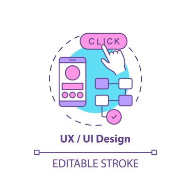 UX ve UI tasarım konsepti simgesi. Yaratıcı düşünürler için bilişim alanında kariyer. Kullanıcılar için kıvrımlı bir web sitesi oluşturuluyor ince çizgi çizimi. Vektör izole edilmiş RGB renk çizimi. Düzenlenebilir vuruş