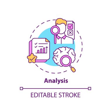 Analiz konsepti simgesi. Yaratıcı düşünen tipler. Gelen bilgileri kontrol ediyorum. Tüm veri fikrini ince çizgi illüstrasyonu filtreleniyor. Vektör izole edilmiş RGB renk çizimi. Düzenlenebilir vuruş