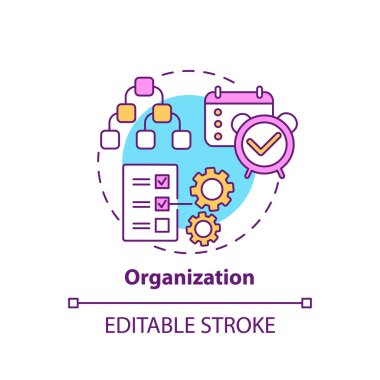 Organizasyon konsepti simgesi. Yaratıcı düşünen tipler. İdari ekip çalışma süreci. Takım çalışması fikri ince çizgi çizimi. Vektör izole edilmiş RGB renk çizimi. Düzenlenebilir vuruş