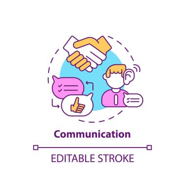 İletişim konsepti simgesi. Yaratıcı düşünen tipler. Geleceğin takımının yemek davetleri. Diğer insanlarla bağlantı ince çizgi çizimi fikri. Vektör izole edilmiş RGB renk çizimi. Düzenlenebilir vuruş