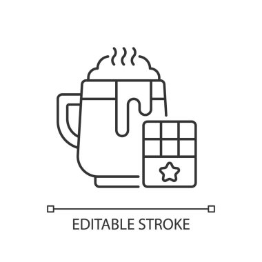 Sıcak çikolata doğrusal simgesi. Bardakta sıcak kahve. Şekerlemeli tatlı içecek. İnce çizgi özelleştirilebilir illüstrasyon. Contour sembolü. Vektör izole çizim. Düzenlenebilir vuruş