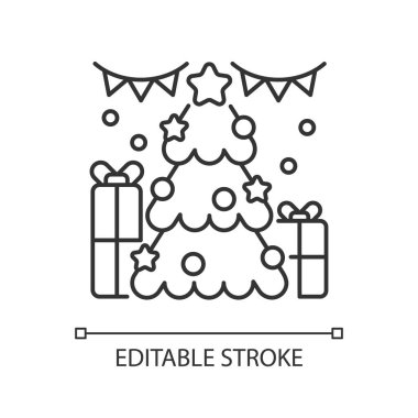 Noel ağacı doğrusal simgesi. Xmas ışıkları. Yeni yıl süsü. Hediye kutuları. Tatil kutlaması. İnce çizgi özelleştirilebilir illüstrasyon. Contour sembolü. Vektör izole çizim. Düzenlenebilir vuruş
