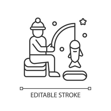 Buz balıkçılığı doğrusal simgesi. Çubuklu balıkçı. Balıkçılar yem atıyor. Kuzey buzlu göl. İnce çizgi özelleştirilebilir illüstrasyon. Contour sembolü. Vektör izole çizim. Düzenlenebilir vuruş