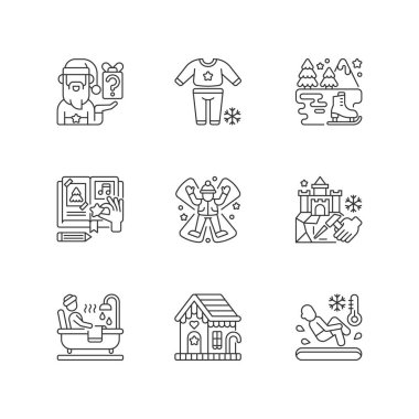 Bayram sezonu doğrusal simgeleri ayarlandı. Gizli Noel Baba. Pijama gecesi. Kar meleği. Noel tatili. Özelleştirilebilir ince çizgi şekilleri. İzole vektör çizimi çizimleri. Düzenlenebilir vuruş
