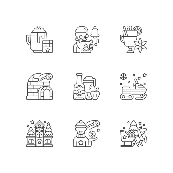 Winter season vacation linear icons set. Hot chocolate. Singing carol. Mulled wine. Christmas holiday. Customizable thin line contour symbols. Isolated vector outline illustrations. Editable stroke — Stock Illustration Winter Season Vacation Linear Icons Set Hot Chocolate Singing Carol Royalty Free Stock Vectors
