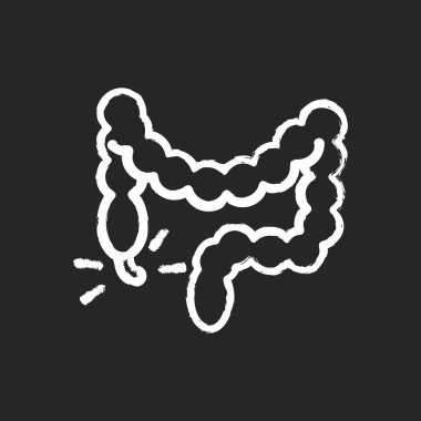 Siyah arkaplanda apandisit beyazı simgesi. Apandis iltihabı. Sağ alt karında ağrı var. Sindirim bozukluğu. Kalın bağırsak. Karnı şişti. İzole edilmiş vektör karatahta çizimi