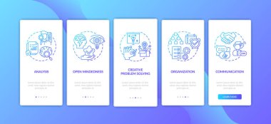 Mobil uygulama sayfasında kavramları olan yaratıcı düşünce tipleri. Diğerleriyle iletişim kurmak için 5 adım grafik talimatlar. RGB renk resimleriyle UI vektör şablonu