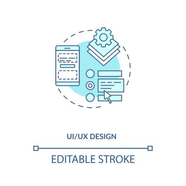 UI ve UX tasarım konsepti simgesi. Mobil uygulama geliştirme süreci. Proje fikrinizin ince çizgi çiziminden sonra kullanıcı deneyimi. Vektör izole edilmiş RGB renk çizimi. Düzenlenebilir vuruş