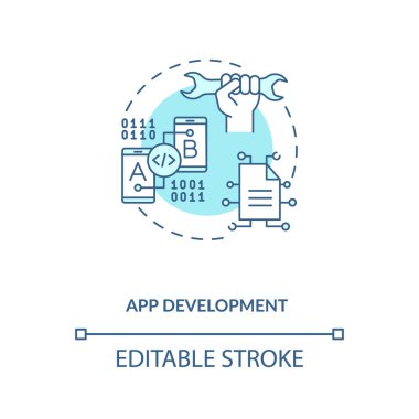 Uygulama geliştirme konsepti simgesi. Mobil uygulama geliştirme süreci. Gelecekçi uygulama planlama süreci fikri ince çizgi çizimi. Vektör izole edilmiş RGB renk çizimi. Düzenlenebilir vuruş