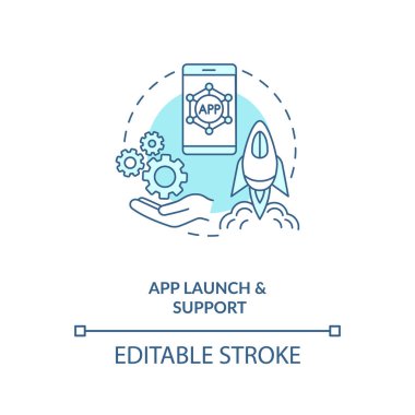 Uygulama başlatma ve destek konsepti simgesi. Mobil uygulama geliştirme süreci. Geliştirme modundan üretim fikrine ince çizgi çizimine kadar ürünler. Vektör izole edilmiş RGB renk çizimi. Düzenlenebilir vuruş