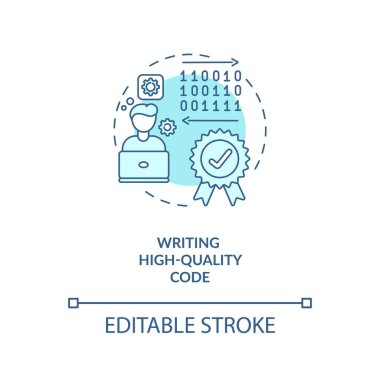 Yüksek kaliteli kod konsepti simgesi yazılıyor. Uygulama geliştirici becerileri. Proffesional kod yazma yeteneği fikri ince çizgi çizimi. Vektör izole edilmiş RGB renk çizimi. Düzenlenebilir vuruş