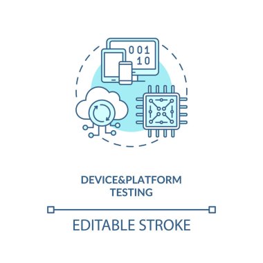 Aygıt ve platform test konsepti simgesi. Uygulama test bileşeni. Projenin kullanıcı etkinliği fikri ince çizgi çizimi için hazır olup olmadığını kontrol ediyorum. Vektör izole edilmiş RGB renk çizimi. Düzenlenebilir vuruş