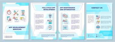 Uygulama geliştirme servisi broşürü. Tam döngü. İyimserlik. Broşür, broşür, broşür baskısı, doğrusal simgelerle kaplama tasarımı. Dergiler için vektör planları, yıllık raporlar, reklam posterleri