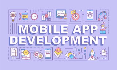 Mobil uygulama geliştirme kelime kavramları afiş. Yazılım mühendisliği. Mor arkaplanda doğrusal simgeleri olan bilgi grafikleri. İzole tipografi. Vektör çizgisi RGB renk çizimi