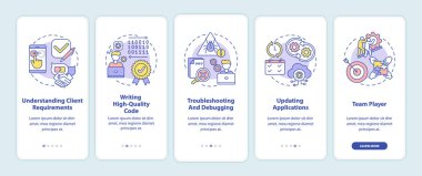 Uygulama geliştirici becerileri kavramlı mobil uygulama sayfası ekranında. Müşteri gereksinimlerini anlamak 5 aşamalı grafik talimatları gözden geçirmektir. RGB renk resimleriyle UI vektör şablonu