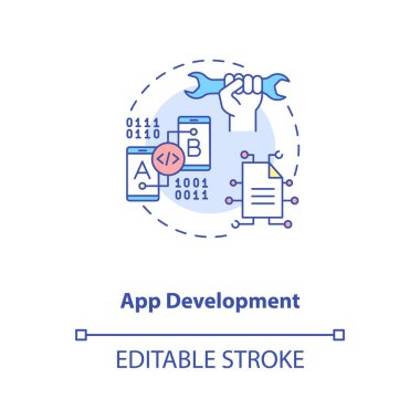 Uygulama geliştirme konsepti simgesi. Mobil uygulama geliştirme süreci. Yenilikçi uygulama oluşturma süreci fikri ince çizgi çizimi. Vektör izole edilmiş RGB renk çizimi. Düzenlenebilir vuruş